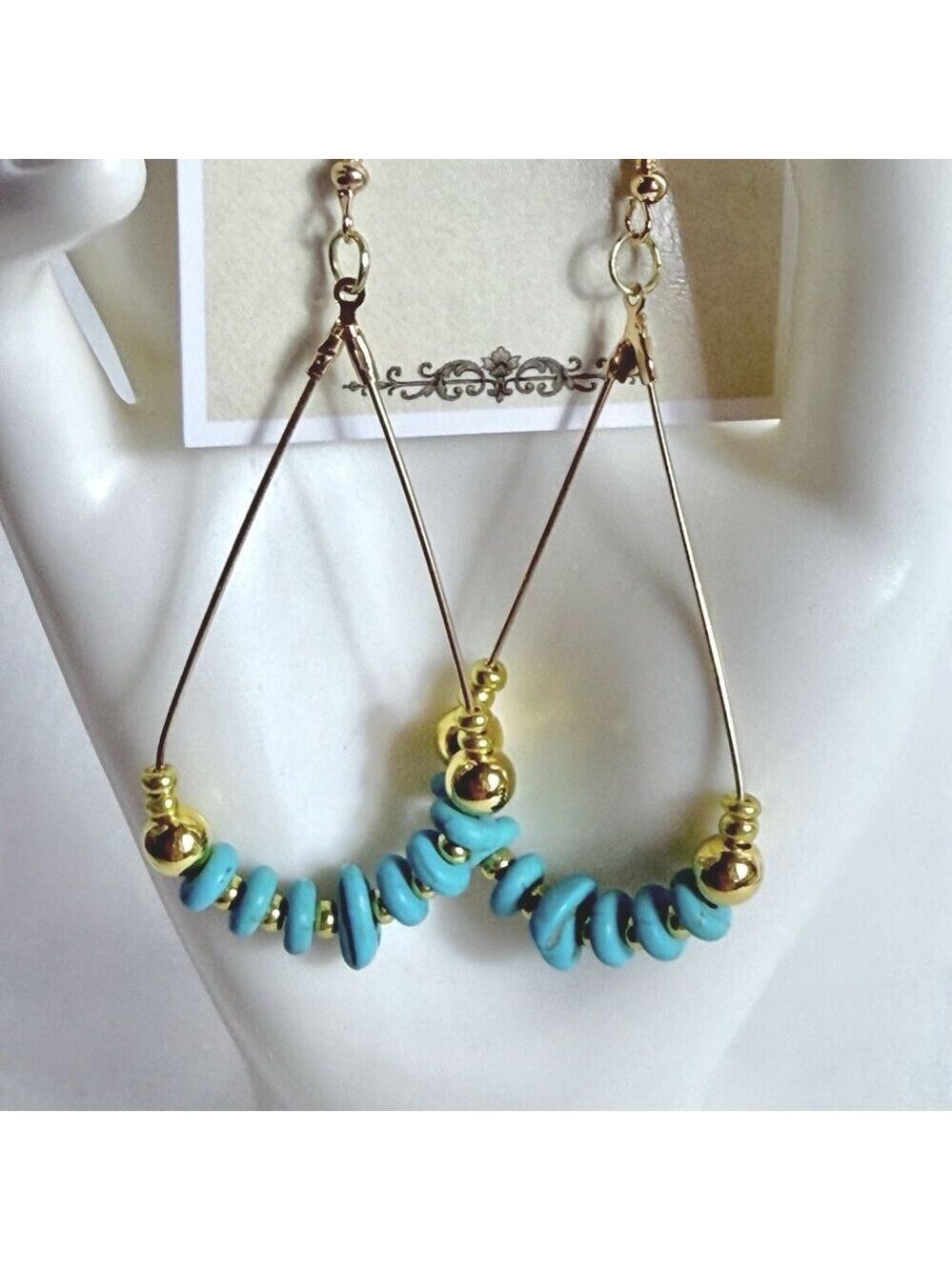 REIMAGINED Handmade Turquoise Beaded Teardrop Gold Tone Dangle Earrings